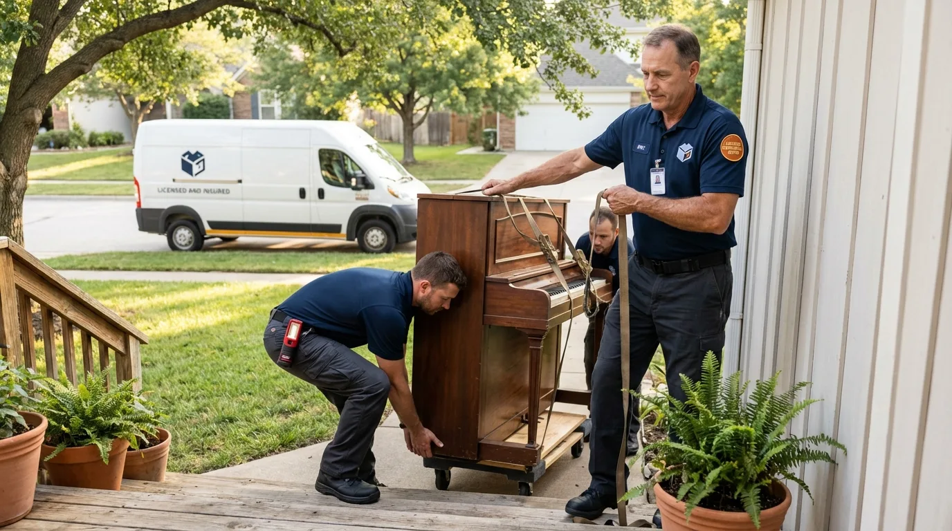 Licensed piano movers securing grand piano in Aurora, IL