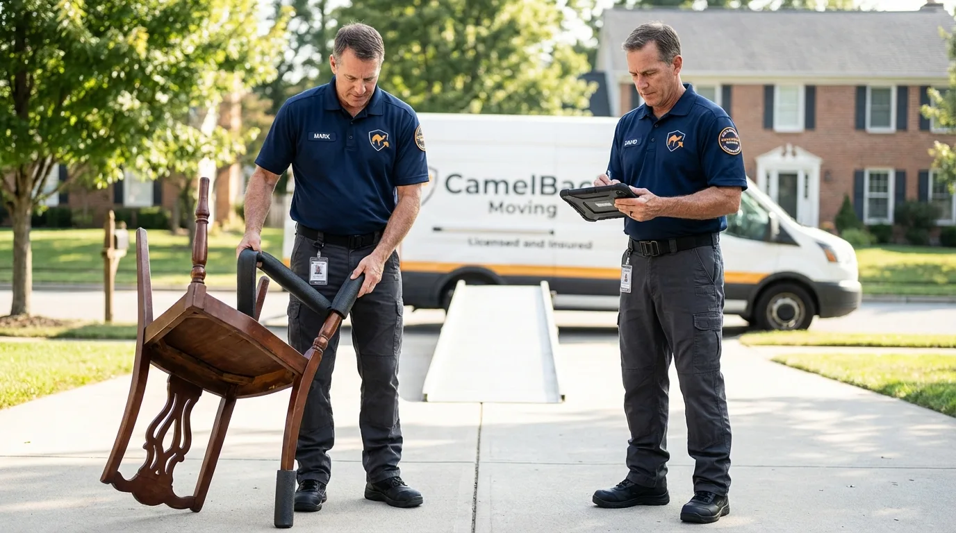 Movers inspecting furniture for damage prevention before loading in Aurora, IL