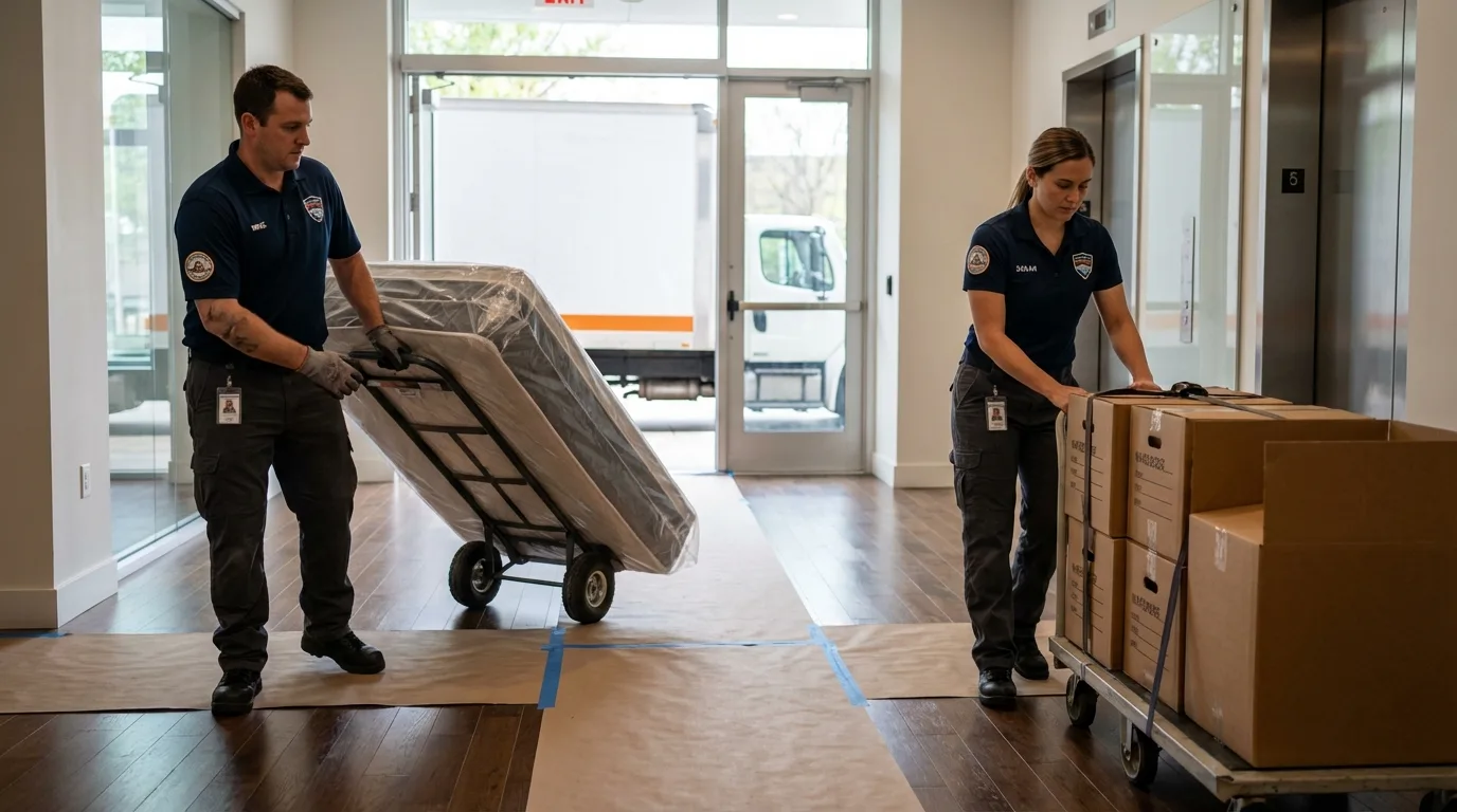 Professional apartment movers loading elevator in Aurora, IL